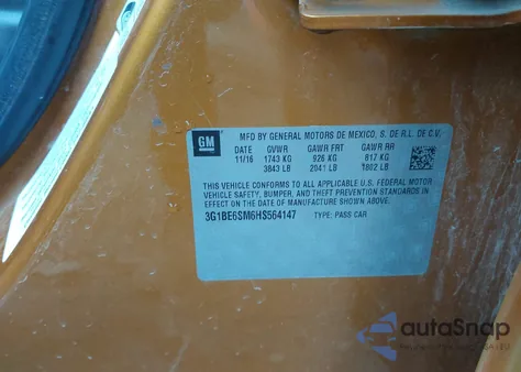 2017 Chevrolet Cruze Lt Auto from USA, damaged, VIN 3G1BE6SM6HS564147